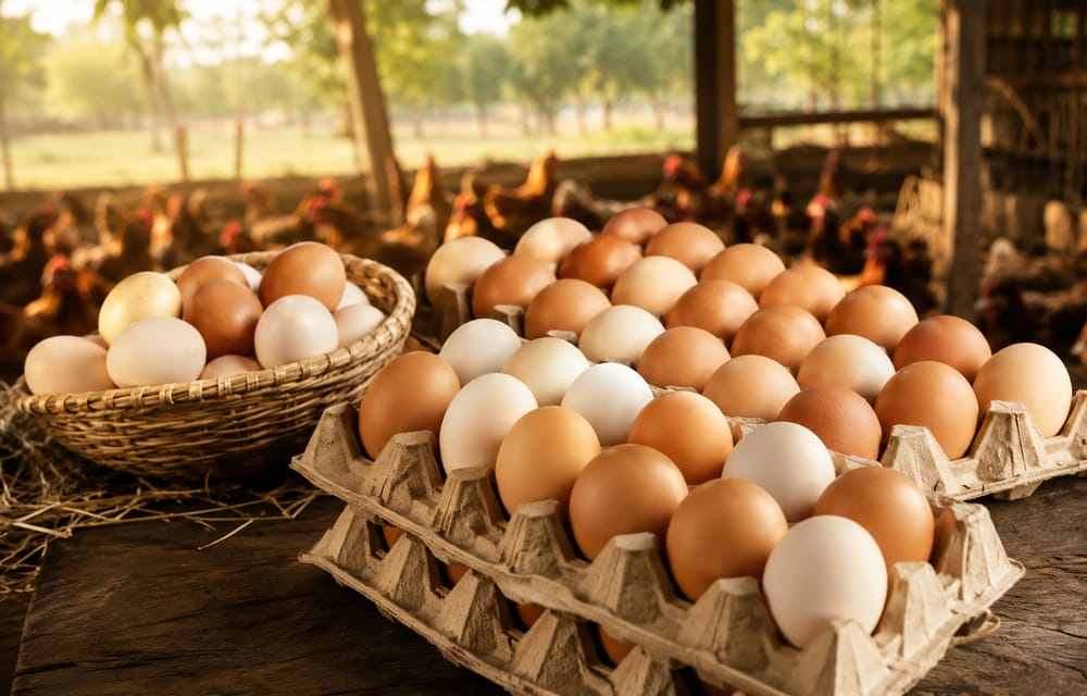 Fresh brown and white eggs in cartons and a basket