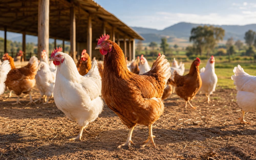 Adult hens outdoors in front of a farm building